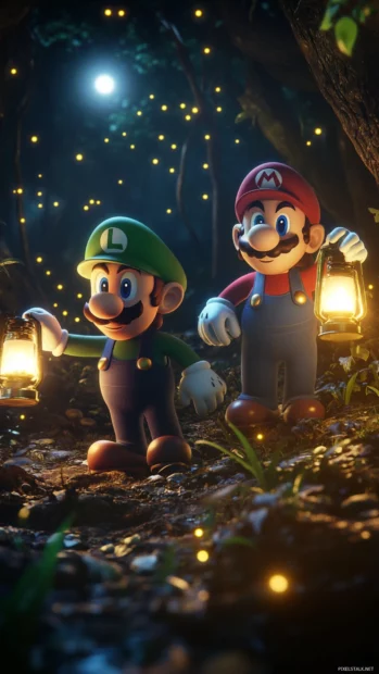 Cinematic Mario and Luigi Wallpaper with them holding lanterns in a night forest filled with fireflies.