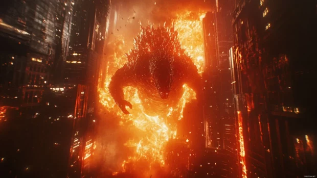 Cinematic Shin Godzilla wallpapers featuring chaos in a burning metropolis.
