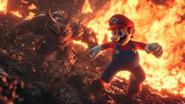 Cinematic Super Mario 4K Wallpaper showing Mario and Bowser in a lava filled duel.