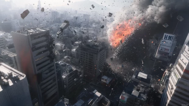 Cinematic battle renders for Godzilla 4K desktop wallpapers with falling buildings.