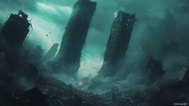 Cinematic battle scene in a Godzilla wallpaper HD for desktop with crumbling towers.