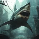 Cinematic composition of shark in wallpaper for widescreen desktops.