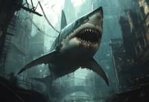 Cinematic composition of shark in wallpaper for widescreen desktops.