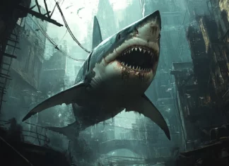 Cinematic composition of shark in wallpaper for widescreen desktops.