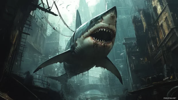 Cinematic composition of shark in wallpaper for widescreen desktops.