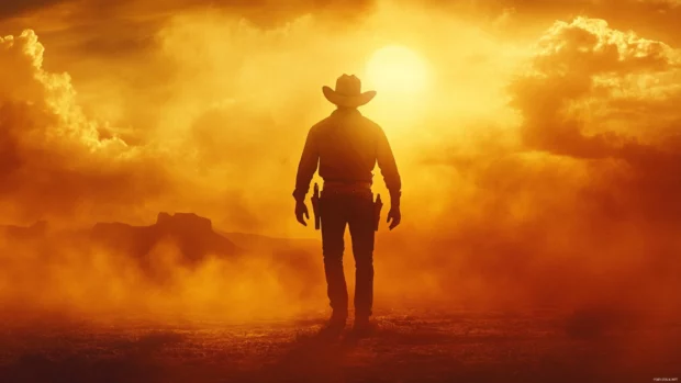 Cinematic cowboy desktop wallpaper with dust clouds and blazing sun.