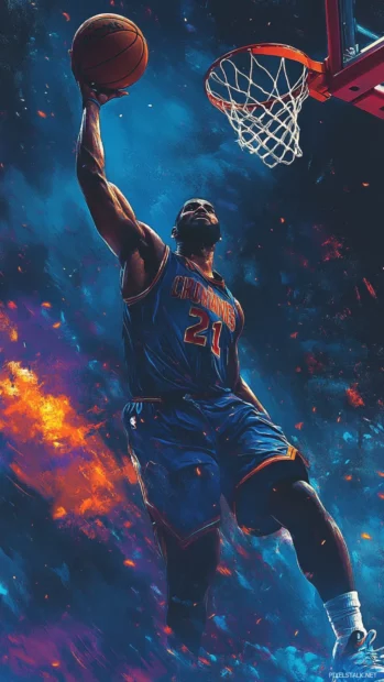 Cinematic illustration of iconic basketball player in championship moment, sports phone wallpaper style.