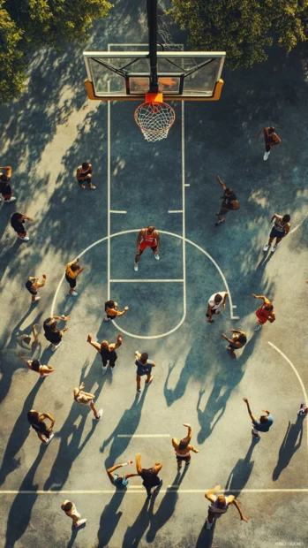 Cinematic overhead view of basketball players locked in action.