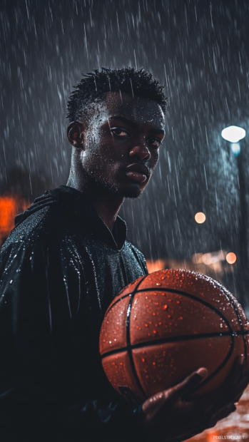 Cinematic portrait of player holding basketball under rain, moody lighting for iPhone lock screen.