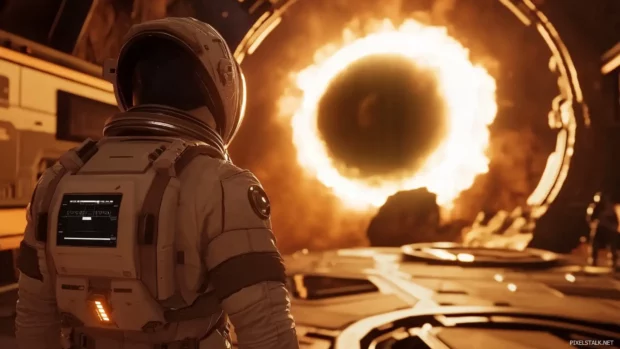 Cinematic scene of an astronaut watching a glowing black hole from a research station.