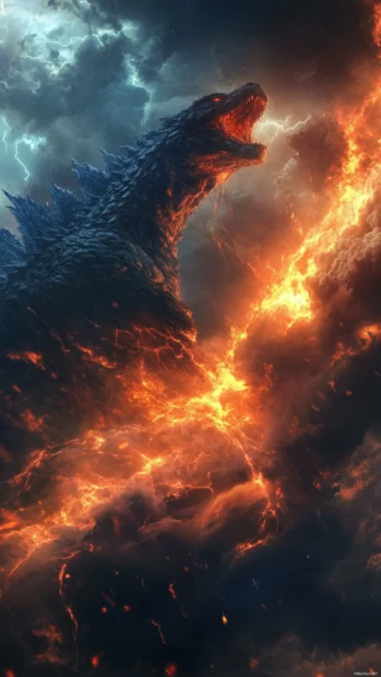 Cinematic vertical Godzilla iPhone wallpapers HD and 4K with storm clouds and flames.