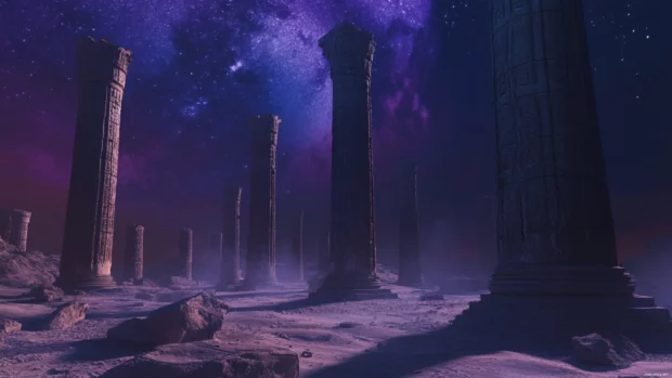 Cinematic wide shot of Ancient ruins under twilight hues.