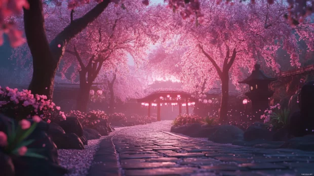 Cinematic wide shot of Cherry blossom path under twilight hues.