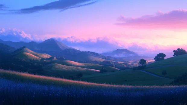Cinematic wide shot of Rolling hills under twilight hues.