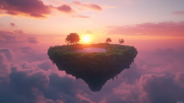 Cinematic wide shot of floating island under twilight hues.