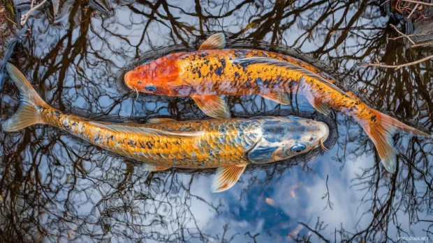 Circling each other gracefully in a tranquil pond with reflections of overhanging branches on the water surface are a pair of colorful koi fish.
