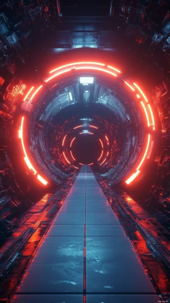 Circular portal glowing in sci fi neon design powered by Sci fi neon portal 4K wallpaper.
