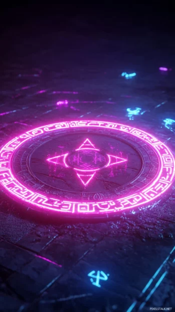 Circular rune glowing with neon light patterns.
