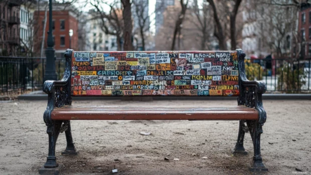 City bench surrounded by quotes of resistance and hope.
