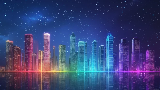 City buildings glowing in multicolor neon under starry sky, 4K neon glow background.