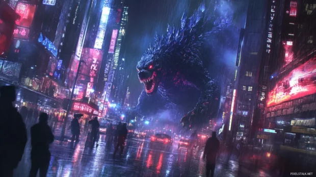 City lights dim as Godzillas roar shatters glass all around.
