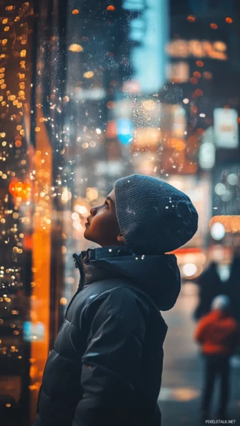 City lights reflect in the boys eyes as he walks past shop windows.