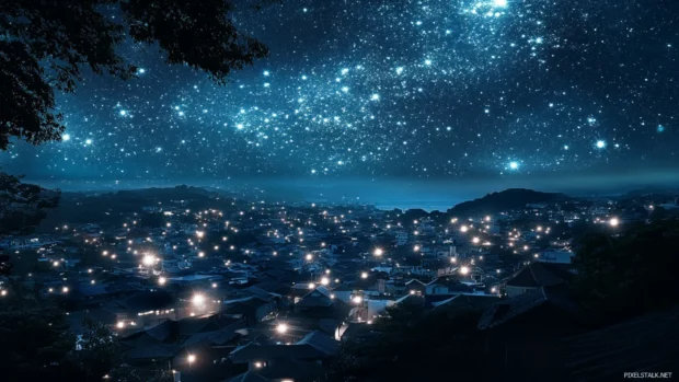 City rooftops blinking beneath a star ocean.