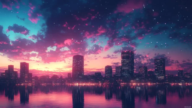 City skyline at dusk, lights beginning to twinkle under a stunning sunset beach wallpaper sky.