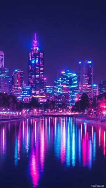 City skyline at night lit with vibrant neon lights inspired by Aesthetic neon wallpaper vertical.