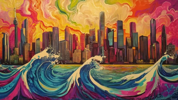 City skyline brushed with energetic street art graffiti waves.