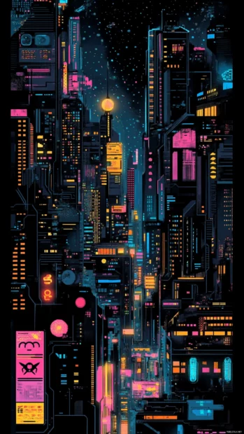 City skyline filled with glowing signs, inspired by cyberpunk aesthetics for mobile backgrounds.