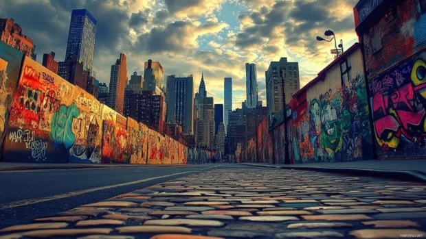 City skyline fused with wildstyle graffiti in street art graffiti wallpapers.