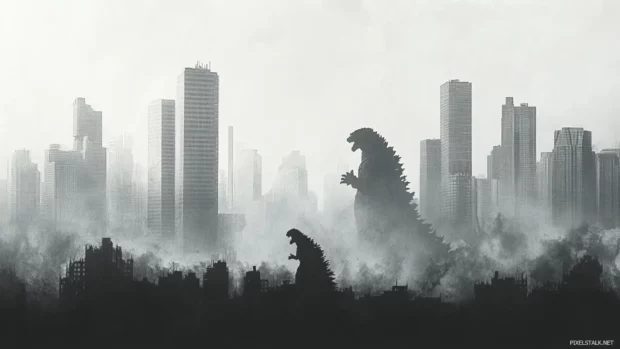 City skyline in ruins with Godzilla emerging from the smog.