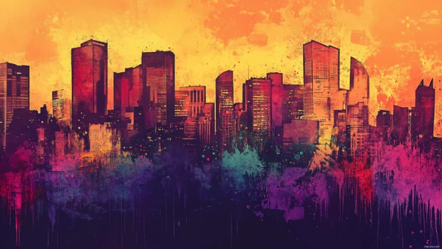 City skyline in sunset tones with buildings covered in graffiti art.