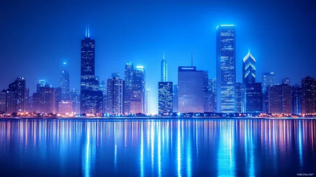 City skyline outlined in shimmering blue neon.