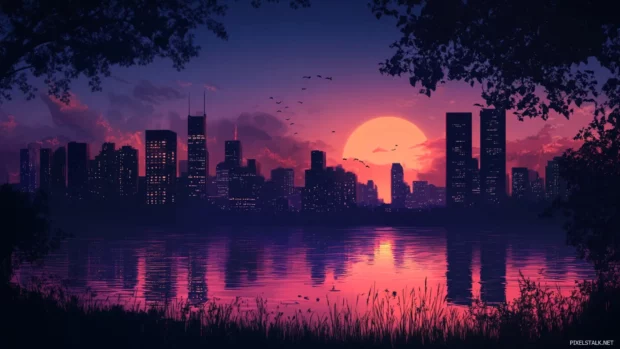 City skyline silhouette against the last light of dusk.
