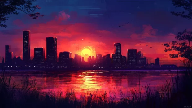 City skyline silhouetted against a dramatic sunset, lights beginning to twinkle as night falls.