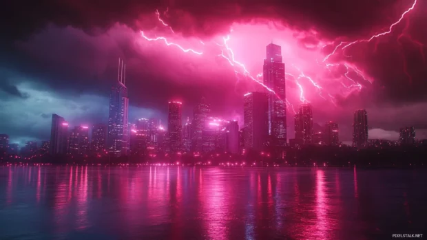 City skyline swallowed by neon thunderstorm.