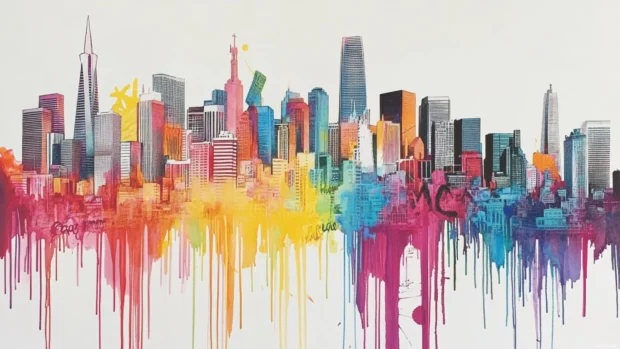 City skyline tagged with bold slogans and dripping colors.