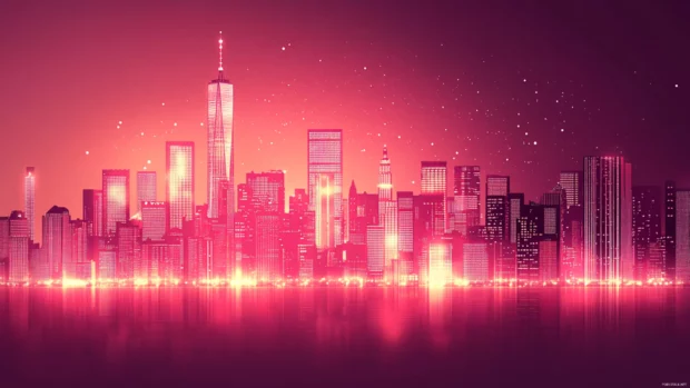 City skyline wrapped in shimmering pink neon lights, Aesthetic pink neon background.