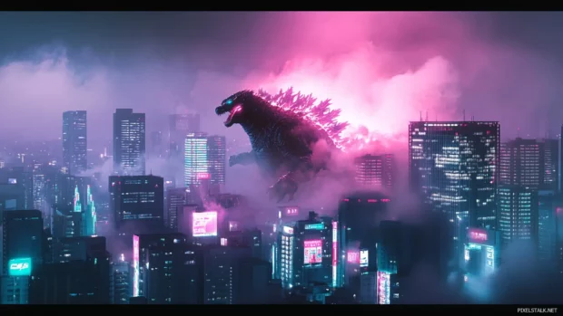 City smoke reflects the glowing body of Supercharged Godzilla in battle.