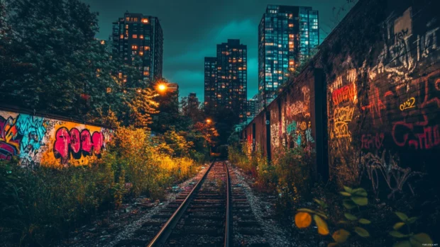 Cityscape at night lit by glowing graffiti signs and color storms.