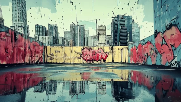 Cityscape blending modern architecture and street graffiti expression.