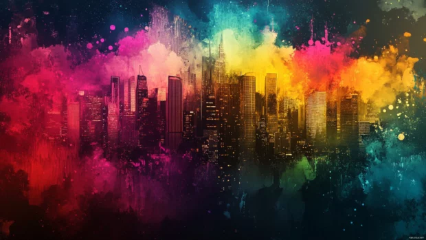 Cityscape crumbling into a cloud of vibrant graffiti particles.