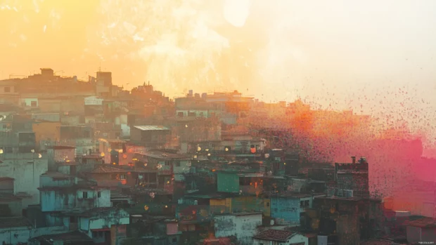 Cityscape fading into colorful spray patterns across rooftops.