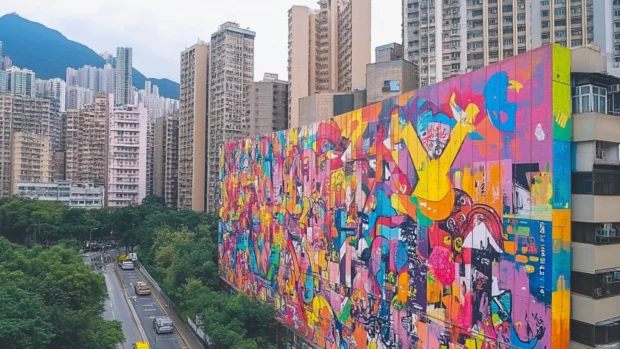 Cityscape filled with vibrant graffiti murals on every building wall.