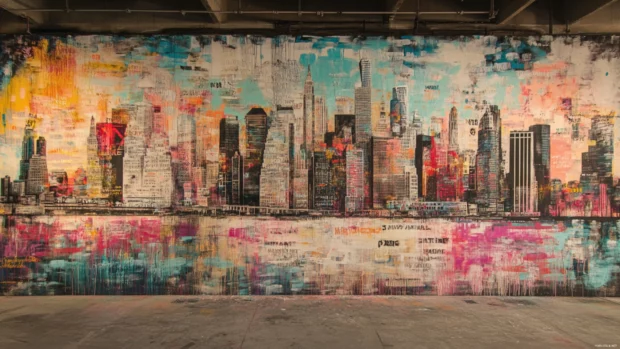 Cityscape mural infused with layered text tags and spray bursts.