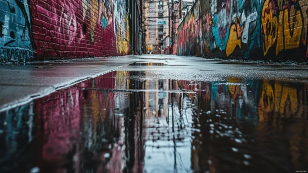 Cityscape reflection on wet pavement covered in graffiti.