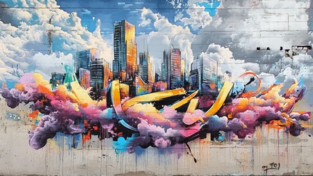 Cityscape rising from wildstyle graffiti clouds and chrome letters.