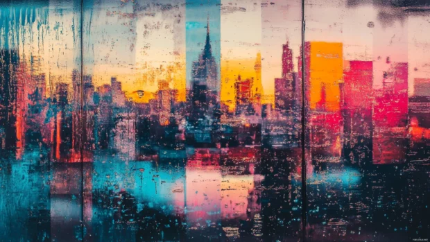 Cityscape seen through a window of layered graffiti glass.